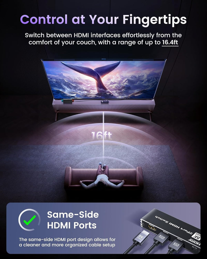 NÖRDIC HDMI 2 to 1 Switch 8K60Hz 4K@120Hz with remote control, Aluminum