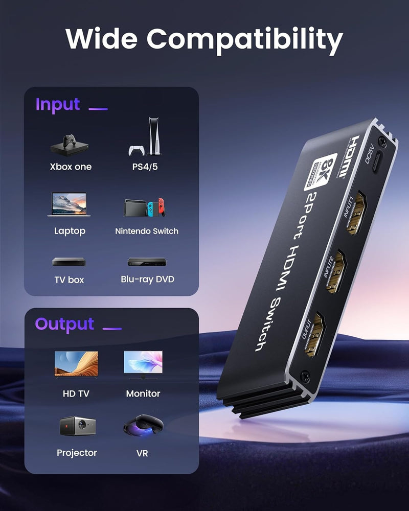 NÖRDIC HDMI 2 to 1 Switch 8K60Hz 4K@120Hz with remote control, Aluminum