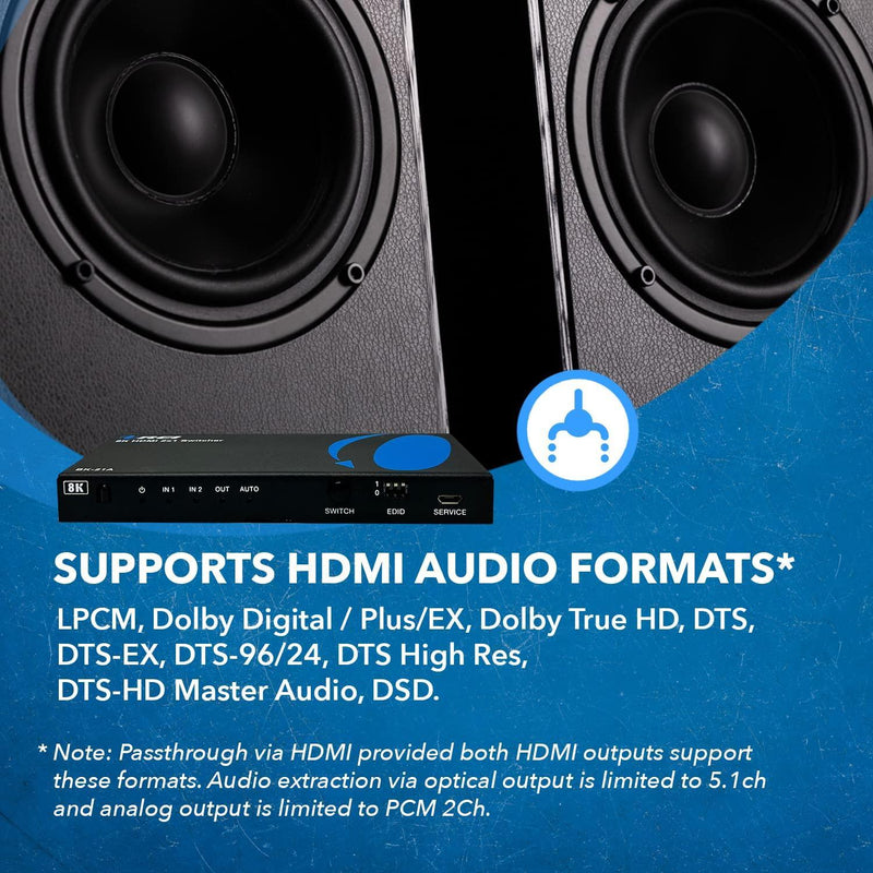 NÖRDIC 8K HDMI 2.1 Switch and Extractor 2 to 1 8K60Hz 4K120Hz CEC HDR Dolby Atmos, True HD, Digital Plus, DTS-HD Master