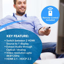 NÖRDIC 8K HDMI 2.1 Switch and Extractor 2 to 1 8K60Hz 4K120Hz CEC HDR Dolby Atmos, True HD, Digital Plus, DTS-HD Master