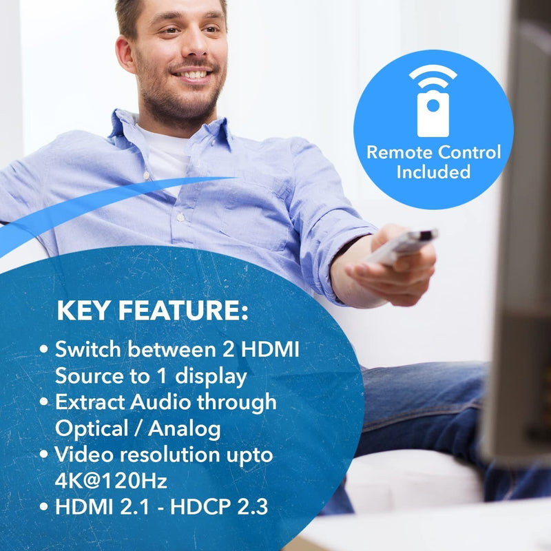 NÖRDIC 8K HDMI 2.1 Switch and Extractor 2 to 1 8K60Hz 4K120Hz CEC HDR Dolby Atmos, True HD, Digital Plus, DTS-HD Master