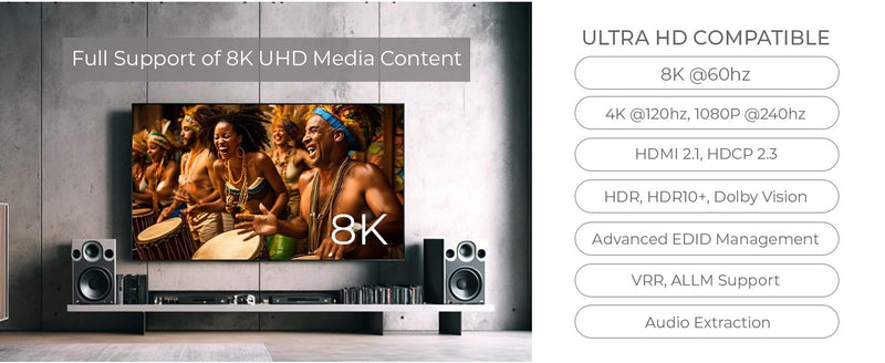 NÖRDIC 8K HDMI 2.1 Switch and Extractor 2 to 1 8K60Hz 4K120Hz CEC HDR Dolby Atmos, True HD, Digital Plus, DTS-HD Master