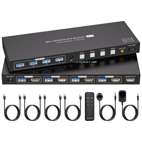 NÖRDIC HDMI KVM Switch 4 Computers 1 Monitor 8K 60Hz 4K 144/120Hz 4xUSB Devices