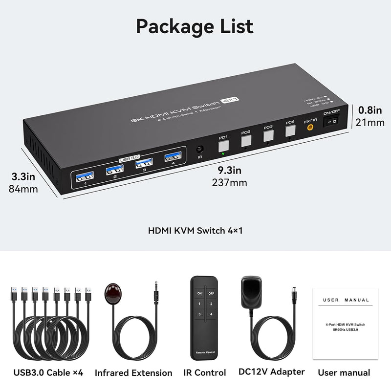 NÖRDIC HDMI KVM Switch 4 Computers 1 Monitor 8K 60Hz 4K 144/120Hz 4xUSB Devices