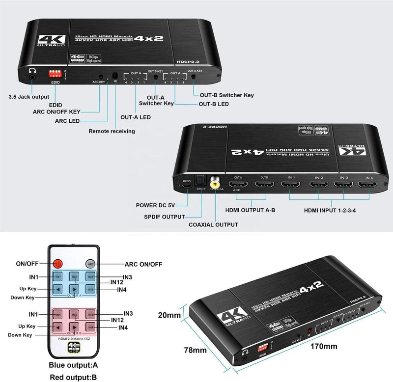 NÖRDIC HDMI Matrix Switch 4 to 2 with audio extractor and ARC, in 4Kx2K 60Hz, YUV 4: 4: 4 18Gbps HDCP 2.2, 5.1 surround, Metal