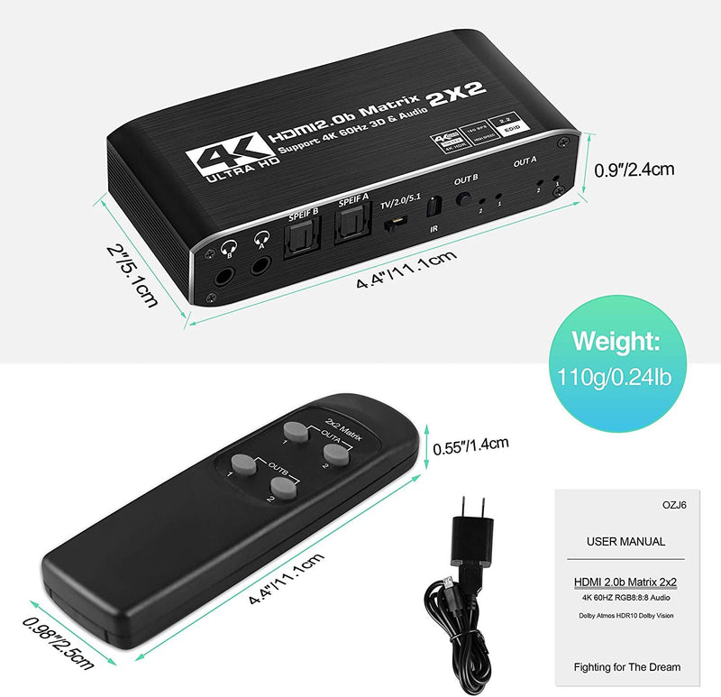NÖRDIC HDMI Matrix switch 2X2 with extractor 4K60Hz RGB 8: 8: 8 18Gbps 3D HDR HDCP2.2