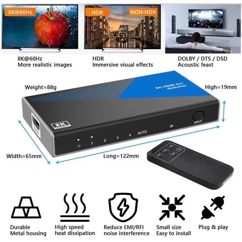 NÖRDIC HDMI 2.1 Switch 4 to 1 8K60Hz 4K120Hz CEC HDR Dolby Atmos, True HD, Digital Plus, DTS-HD Master