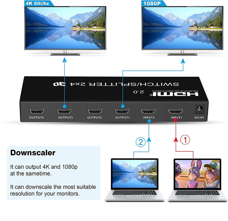 NÖRDIC HDMI Switch 2 to 4 with Audio Extractor, 4Kx2K in 60Hz, HDCP 2.2
