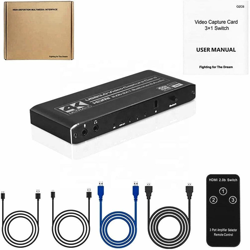 NÖRDIC HDMI Switch 3 to 1 with Video Capture Card HDMI2.0 4K60Hz USB3.1 Microphone and Audio out HDMI Signal Loop Out HDR HDCP2.2 EDID RGB8: 8: 8