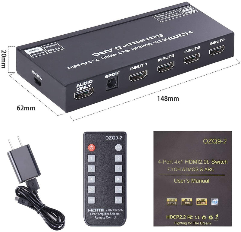 NÖRDIC HDMI Switch 4 to 1 with 7.1 audio extractor ARC SPDIF stereo 3.5mm audio 4K60hz HDCP2.2 3D HDR10 18Gbps
