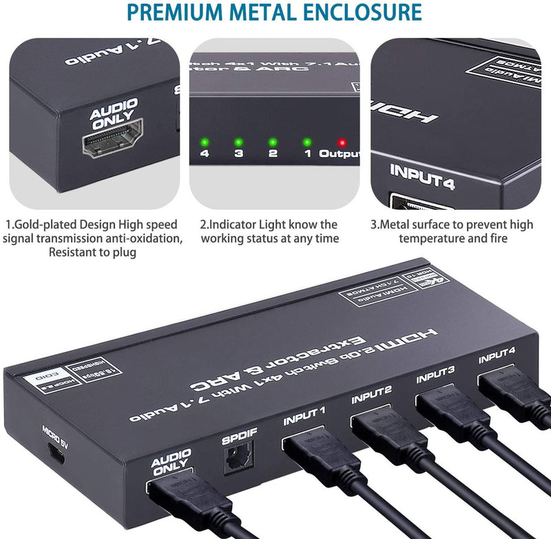 NÖRDIC HDMI Switch 4 to 1 with 7.1 audio extractor ARC SPDIF stereo 3.5mm audio 4K60hz HDCP2.2 3D HDR10 18Gbps