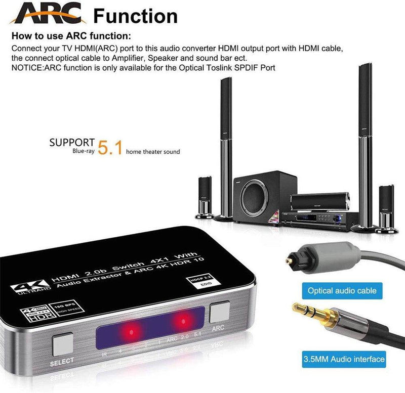 NÖRDIC HDMI Switch 4 to 1 with audio extractor and ARC 4K60Hz MHL Dolby True SPDIF stereo 3D
