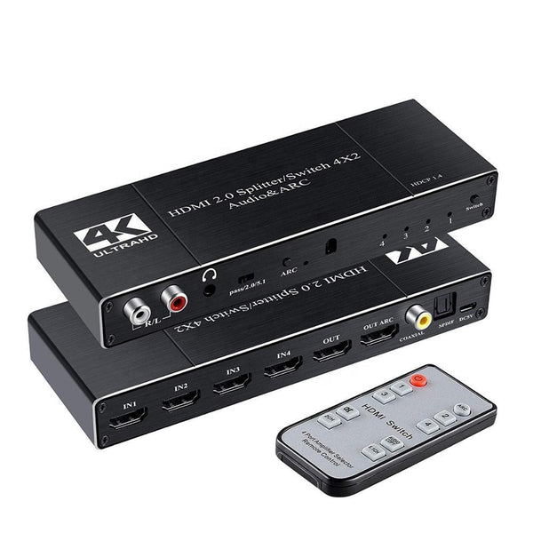 NÖRDIC HDMI Switch 4 to 2 with audio extractor and ARC, in 4Kx2K 60Hz, HDCP 2.2, 5.1 surround, Metal