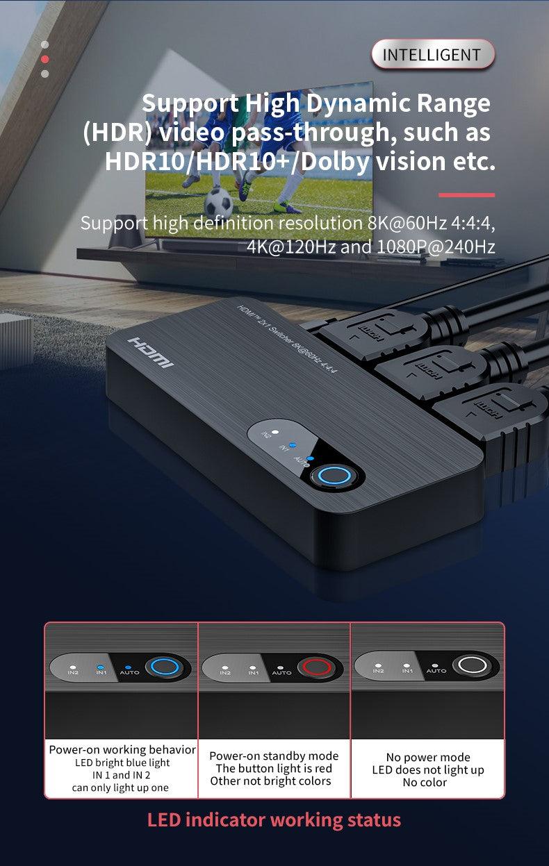 NÖRDIC HDMI switch 2 to 1 8K60Hz 4K120Hz 48Gbps HDR HDCP2.3 Surround 7.1 CEC