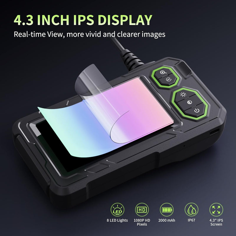 NÖRDIC Industrial Endoscope Camera with 8 LED Lights 1080P 4.3-inch IPS Screen, IP67 Waterproof Cable 5m 8mm