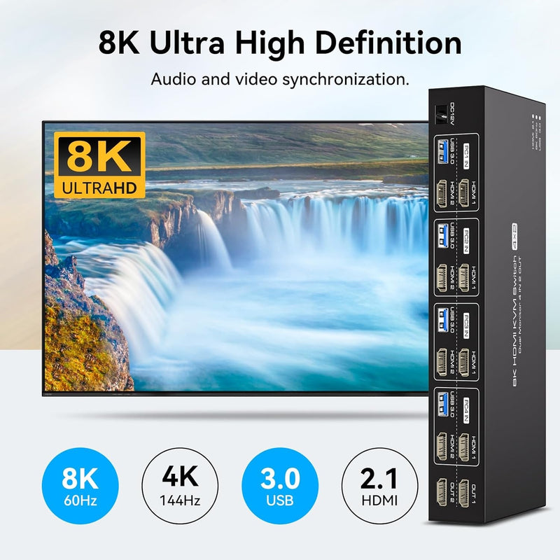 NÖRDIC KVM 4x2 HDMI 2.1 Switch 4PC to Dual Monitor HDMI 8K60Hz with 1x3.5mm and 4xUSB-A