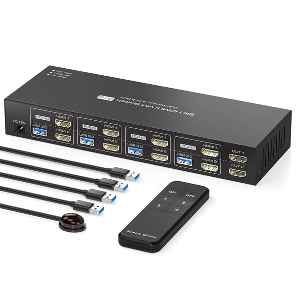 NÖRDIC KVM 4x2 HDMI 2.1 Switch 4PC to Dual Monitor HDMI 8K60Hz with 1x3.5mm and 4xUSB-A