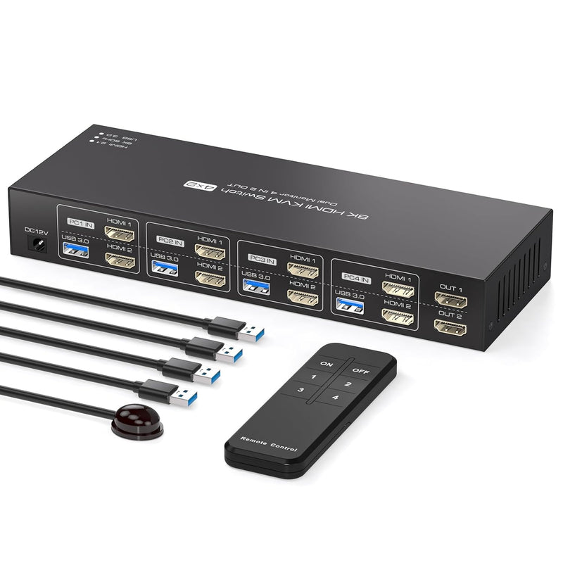 NÖRDIC KVM 4x2 HDMI 2.1 Switch 4PC to Dual Monitor HDMI 8K60Hz with 1x3.5mm and 4xUSB-A