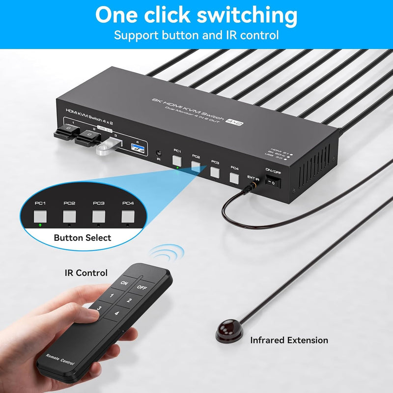 NÖRDIC KVM 4x2 HDMI 2.1 Switch 4PC to Dual Monitor HDMI 8K60Hz with 1x3.5mm and 4xUSB-A