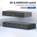 NÖRDIC KVM 4x2 Switch 4PC to Dual Monitor HDMI & DP 4K60Hz with 2x3.5mm and 3xUSB-A