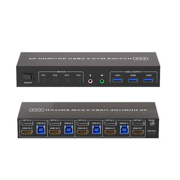 NÖRDIC KVM 4x2 Switch 4PC to Dual Monitor HDMI & DP 4K60Hz with 2x3.5mm and 3xUSB-A