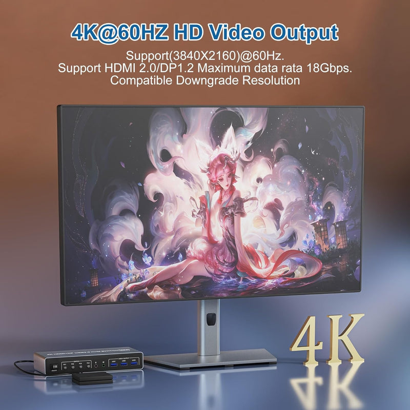 NÖRDIC KVM 4x2 Switch 4PC to Dual Monitor HDMI & DP 4K60Hz with 2x3.5mm and 3xUSB-A