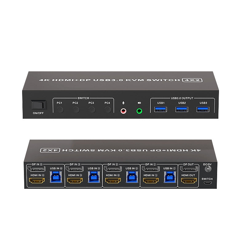 NÖRDIC KVM 4x2 Switch 4PC to Dual Monitor HDMI & DP 4K60Hz with 2x3.5mm and 3xUSB-A