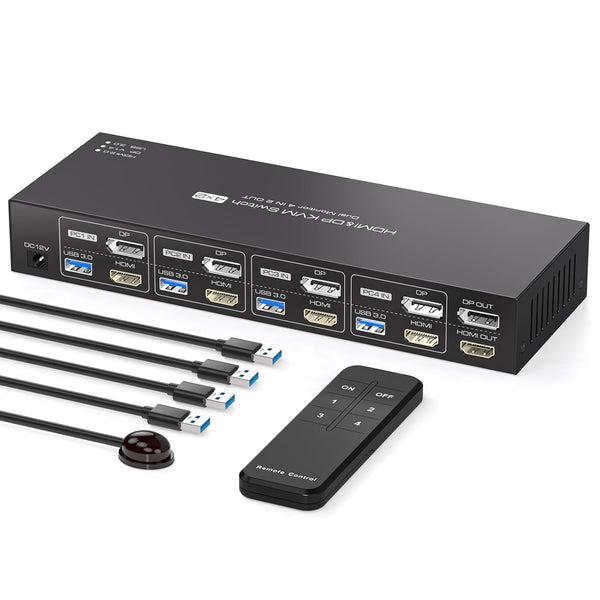 NÖRDIC KVM 4x2 Switch 4PC to Dual Monitor HDMI & DP 8K60Hz with 1x3.5mm and 4xUSB-A