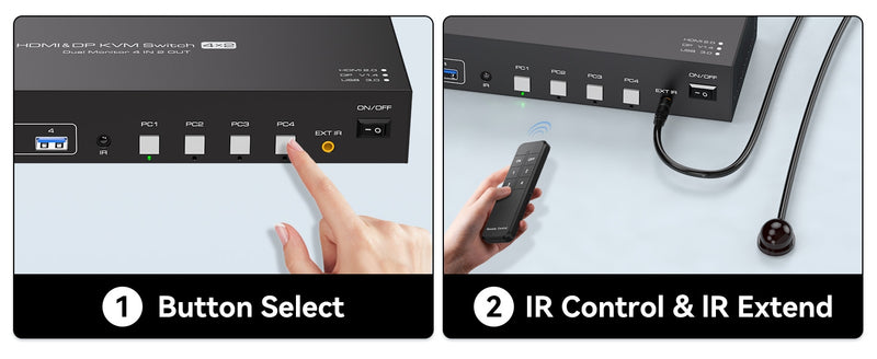 NÖRDIC KVM 4x2 Switch 4PC to Dual Monitor HDMI & DP 8K60Hz with 1x3.5mm and 4xUSB-A