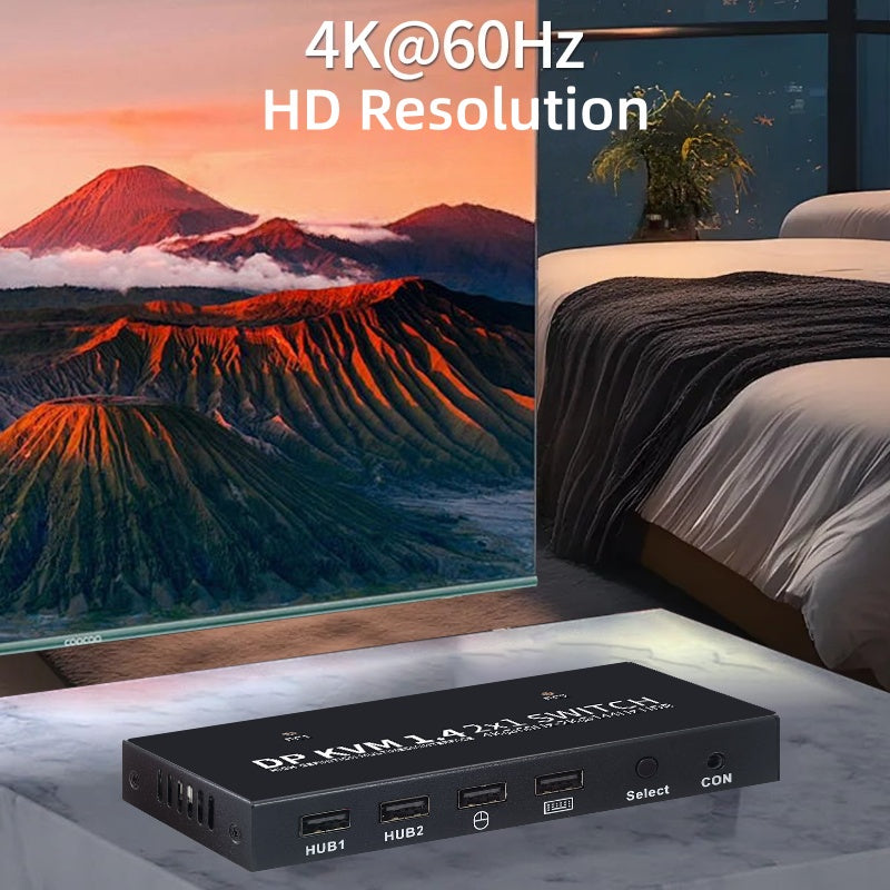 NÖRDIC KVM Switch 2 PC to 1 DisplayPort 1.2 4K60Hz and 4x USB Port HDCP 2.2