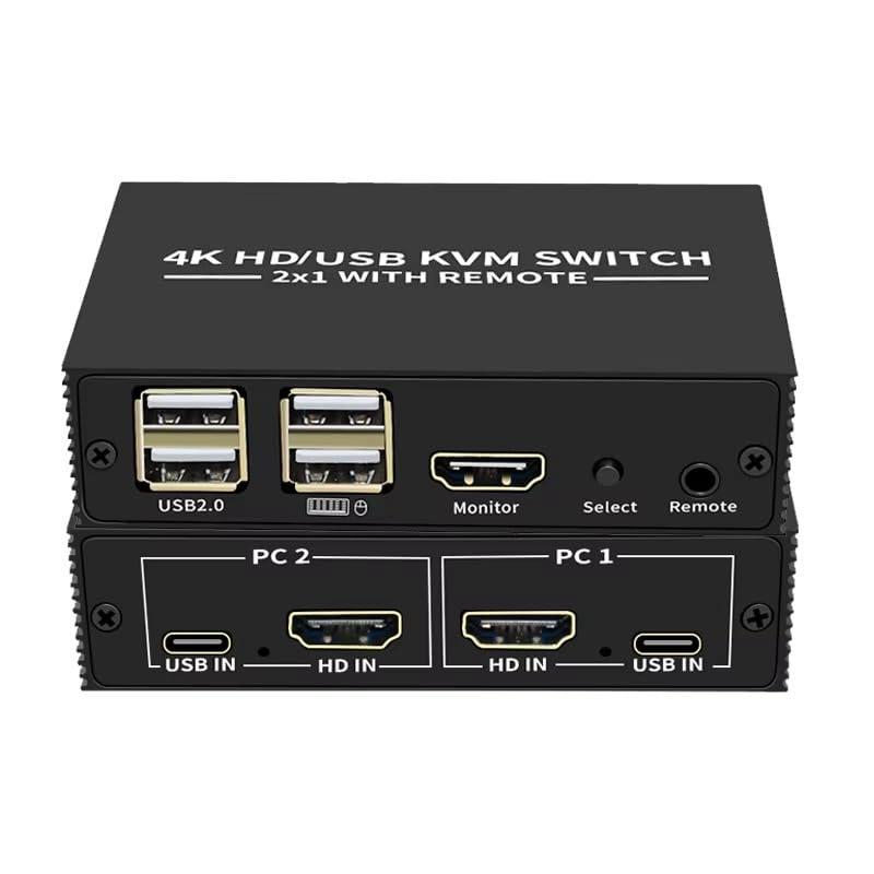 NÖRDIC KVM Switch 2 to 1 HDMI 2.0 4K60Hz for PC, Xbox, PS5 and laptop with 4xUSB ports