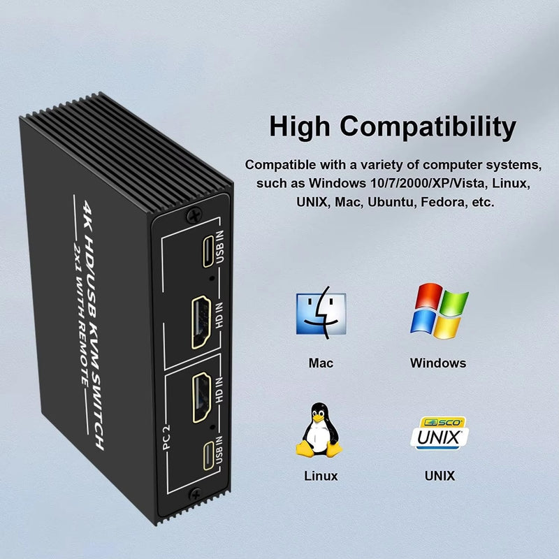 NÖRDIC KVM Switch 2 to 1 HDMI 2.0 4K60Hz for PC, Xbox, PS5 and laptop with 4xUSB ports