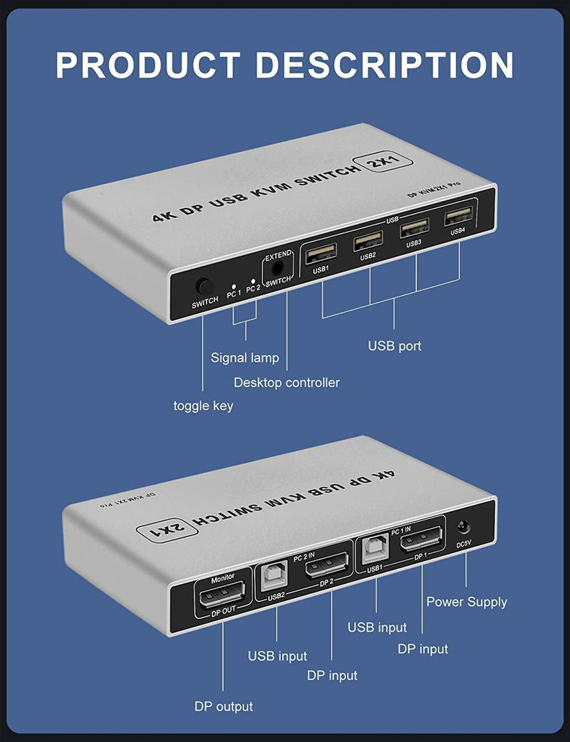 NÖRDIC KVM Switch 2 to 1 DisplayPort 1.2 4K 60Hz and 4x USB HDCP 2.2