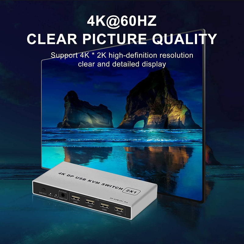 NÖRDIC KVM Switch 2 to 1 DisplayPort 1.2 4K 60Hz and 4x USB HDCP 2.2