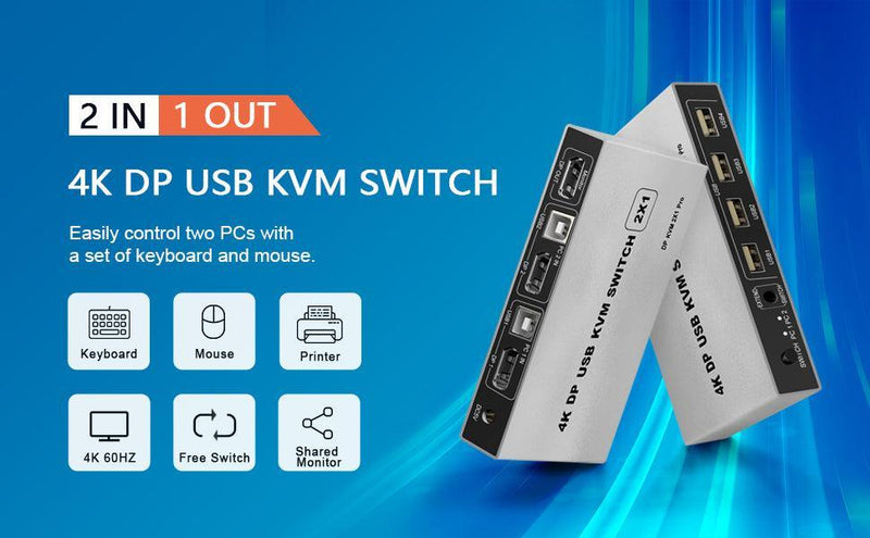 NÖRDIC KVM Switch 2 to 1 DisplayPort 1.2 4K 60Hz and 4x USB HDCP 2.2