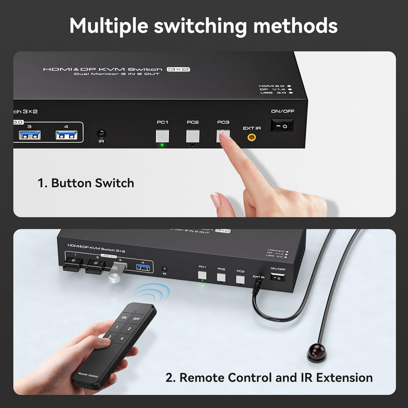 NÖRDIC KVM Switch 3 to 2 8K60Hz DP 1.4 HDMI 2.0 KVM USB 3.0