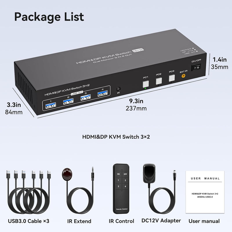 NÖRDIC KVM Switch 3 to 2 8K60Hz DP 1.4 HDMI 2.0 KVM USB 3.0