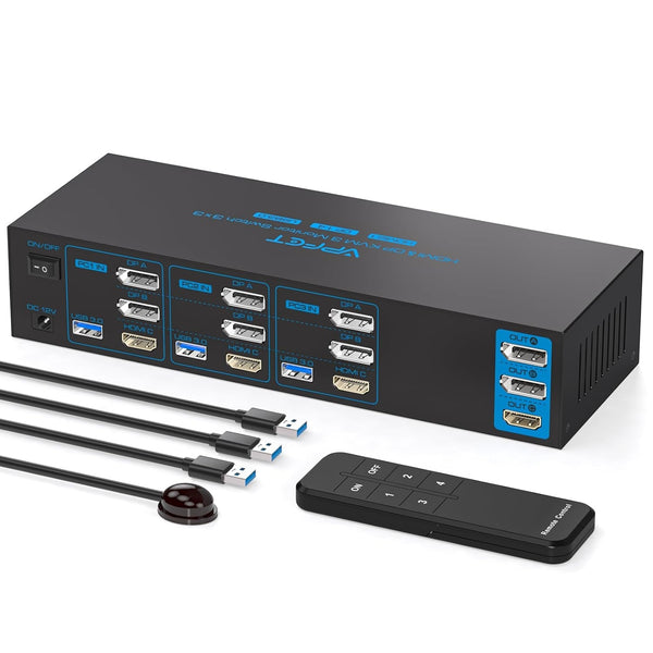 NÖRDIC KVM Switch 3 to 3, 4xUSB3.0 2xDP 1xHDMI 8K30Hz with wireless control