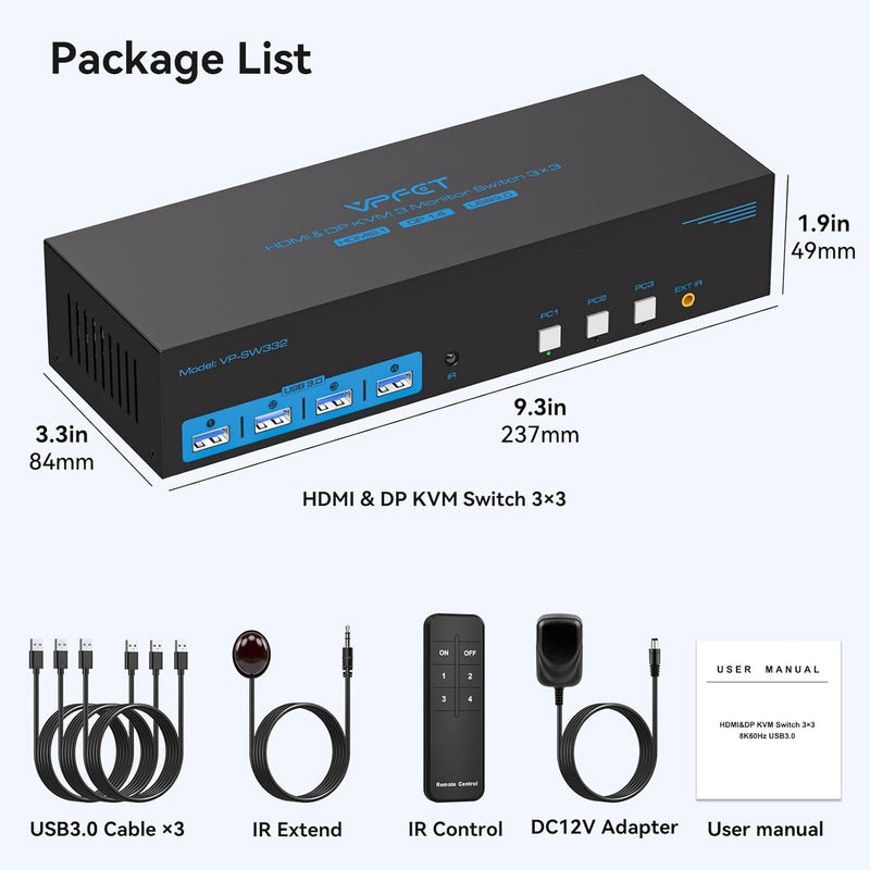 NÖRDIC KVM Switch 3 to 3, 4xUSB3.0 2xDP 1xHDMI 8K30Hz with wireless control
