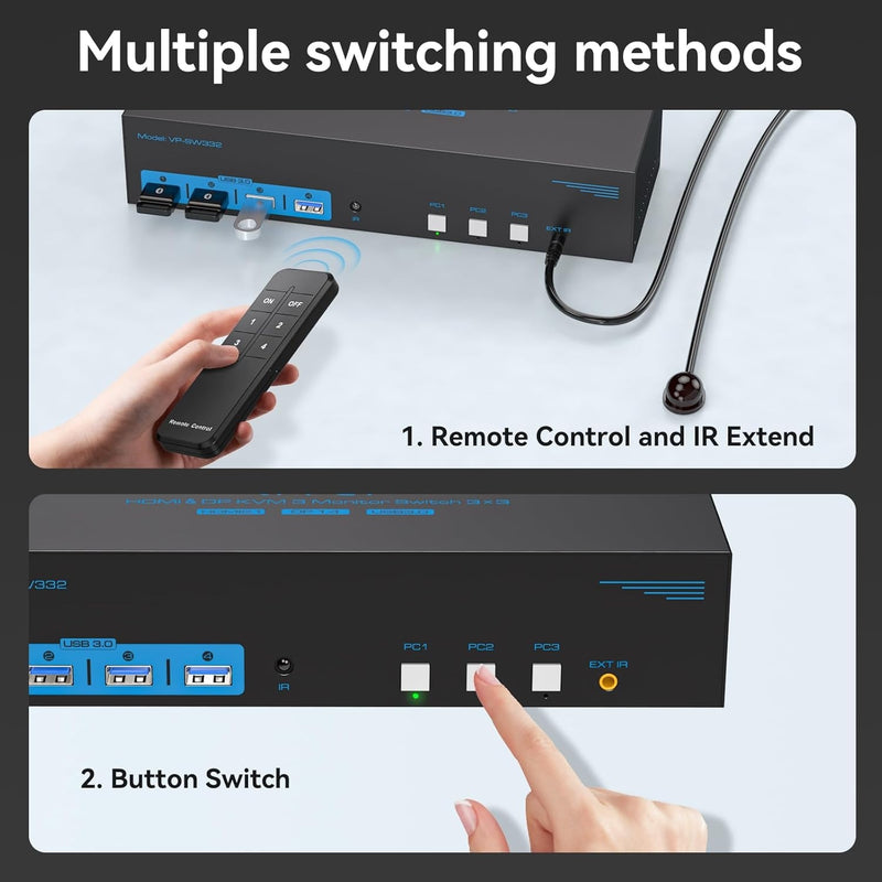 NÖRDIC KVM Switch 3 to 3, 4xUSB3.0 2xDP 1xHDMI 8K30Hz with wireless control