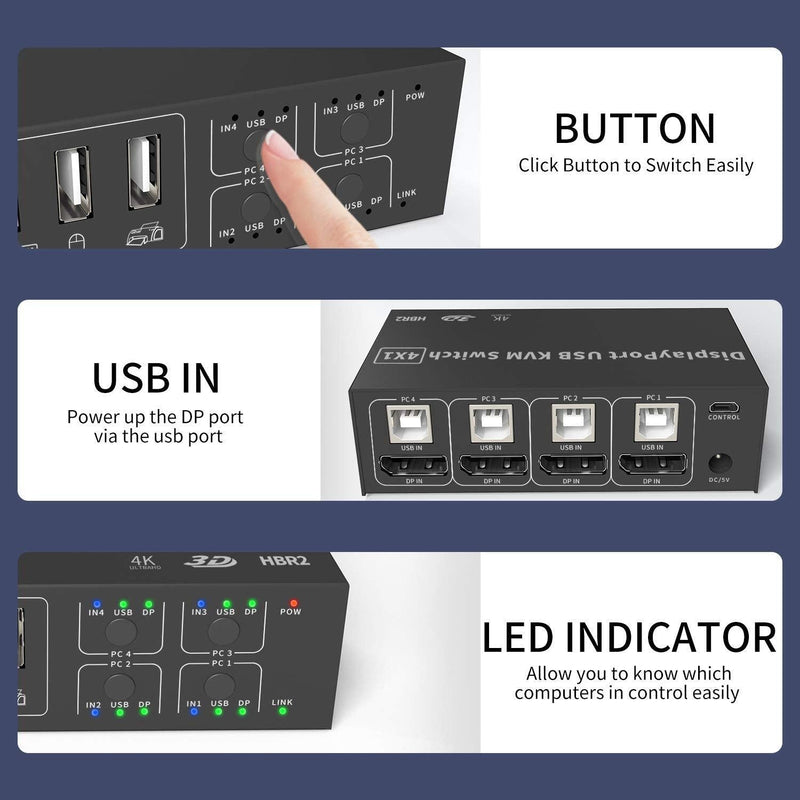 NÖRDIC KVM Switch 4 PC to 1 DisplayPort 1.2 4K 60Hz and 4x USB HDCP 2.2