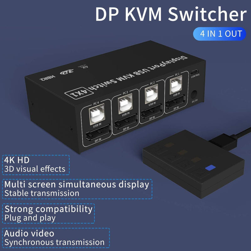 NÖRDIC KVM Switch 4 PC to 1 DisplayPort 1.2 4K 60Hz and 4x USB HDCP 2.2