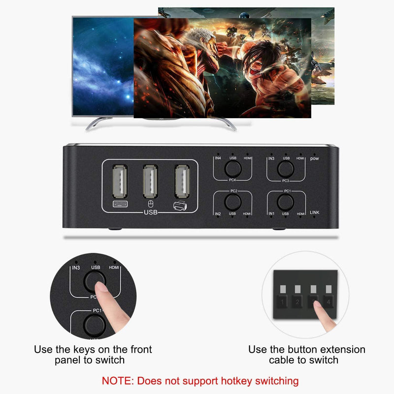 NÖRDIC KVM Switch 4 PC to 1xHDMI 8K60Hz and 4xUSB HDCP 2.2 for Xbox, PS5, Laptop
