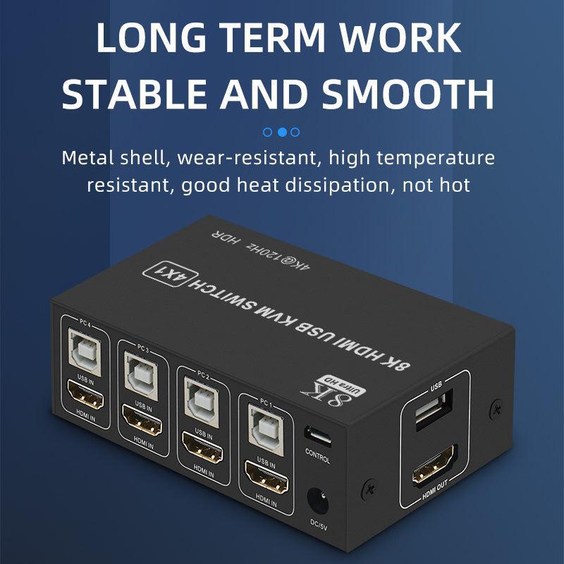 NÖRDIC KVM Switch 4 PC to 1xHDMI 8K60Hz and 4xUSB HDCP 2.2 for Xbox, PS5, Laptop