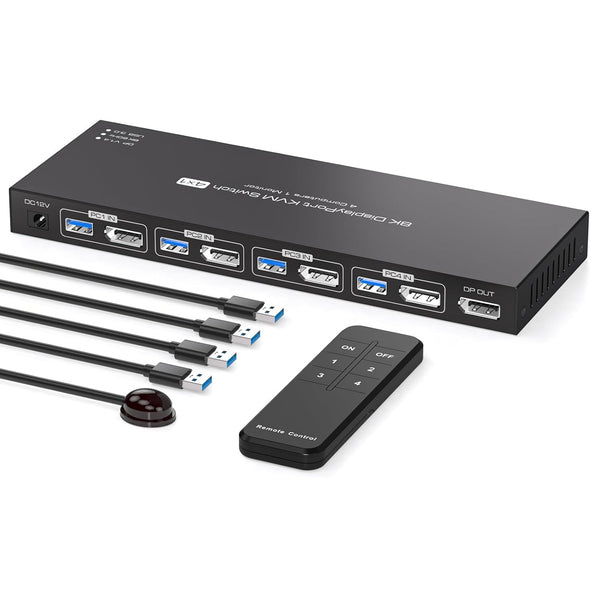 NÖRDIC KVM Switch 4 to 1 DP 8K60Hz 4K144Hz 4xUSB 3.0