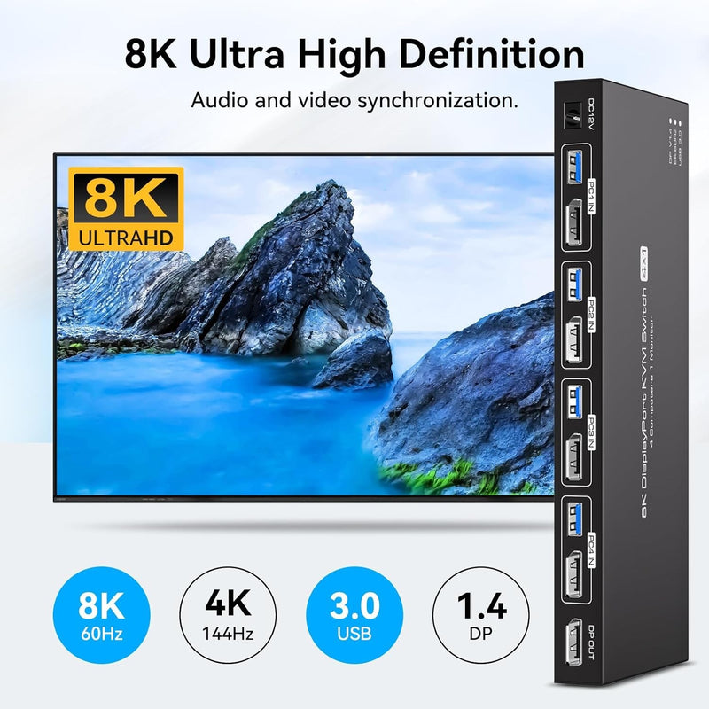 NÖRDIC KVM Switch 4 to 1 DP 8K60Hz 4K144Hz 4xUSB 3.0