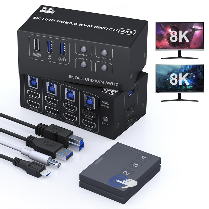 NÖRDIC KVM Switch 4 to 2 HDMI 2.1 8K@60Hz 4K@120Hz 4xUSB-A