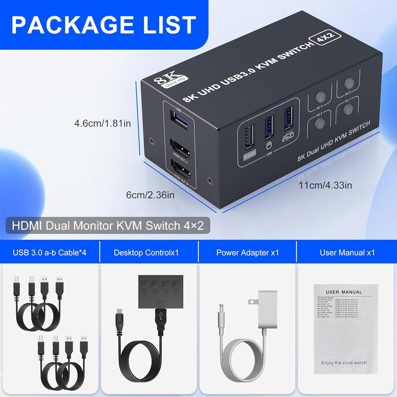 NÖRDIC KVM Switch 4 to 2 HDMI 2.1 8K@60Hz 4K@120Hz 4xUSB-A