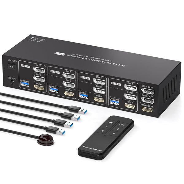 NÖRDIC KVM Switch 4 to 3, 4xUSB3.0 2xDP 1xHDMI 8K30Hz with wireless control