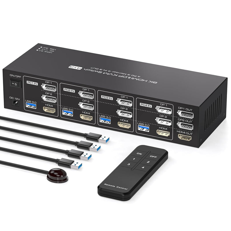 NÖRDIC KVM Switch 4 to 3, 4xUSB3.0 2xDP 1xHDMI 8K30Hz with wireless control